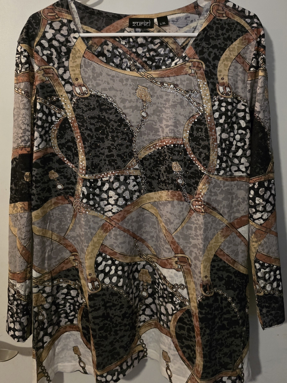 Long Sleeve Chain & Belt Print Top — Black, Gray & Brown Size L-XL